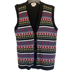 Cricket Lane Vintage Knit Floral Fair Isle Sweater Vest Black Medium Made in USA